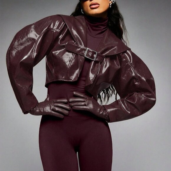 Jackets & Blazers - Burgundy Casual Women's Long Sleeve Crop Jacket with Belt Buckle Detail